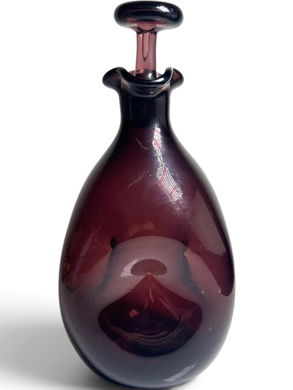 Vintage Blinko Pinched Amethyst Purple Glass Decanter with Stopper, Ruffled Rim
